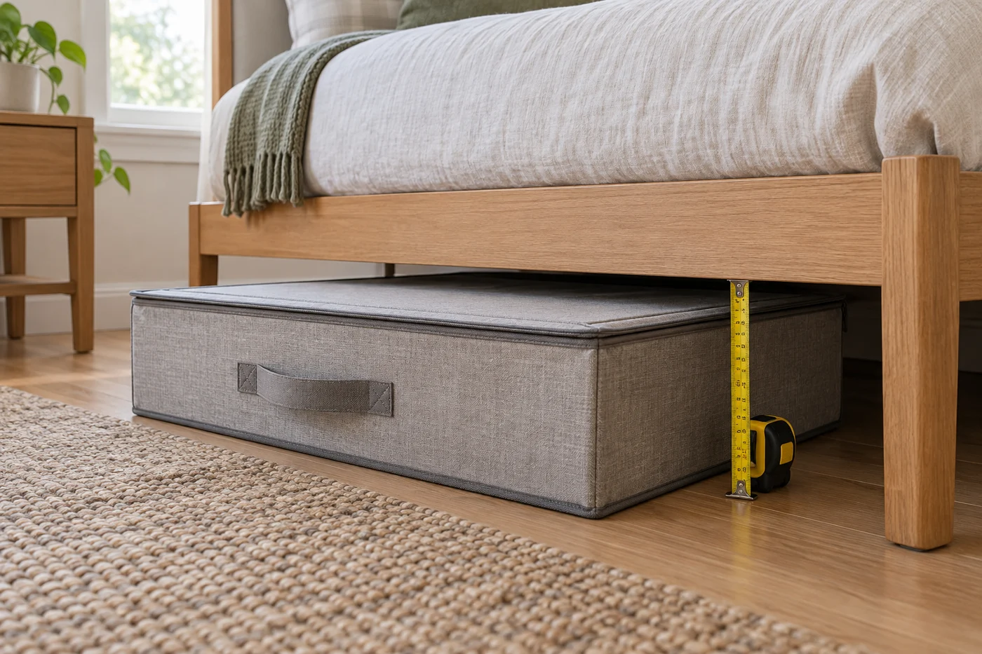 Flache Aufbewahrungsbox teilweise unter einem Bett hervorgezogen