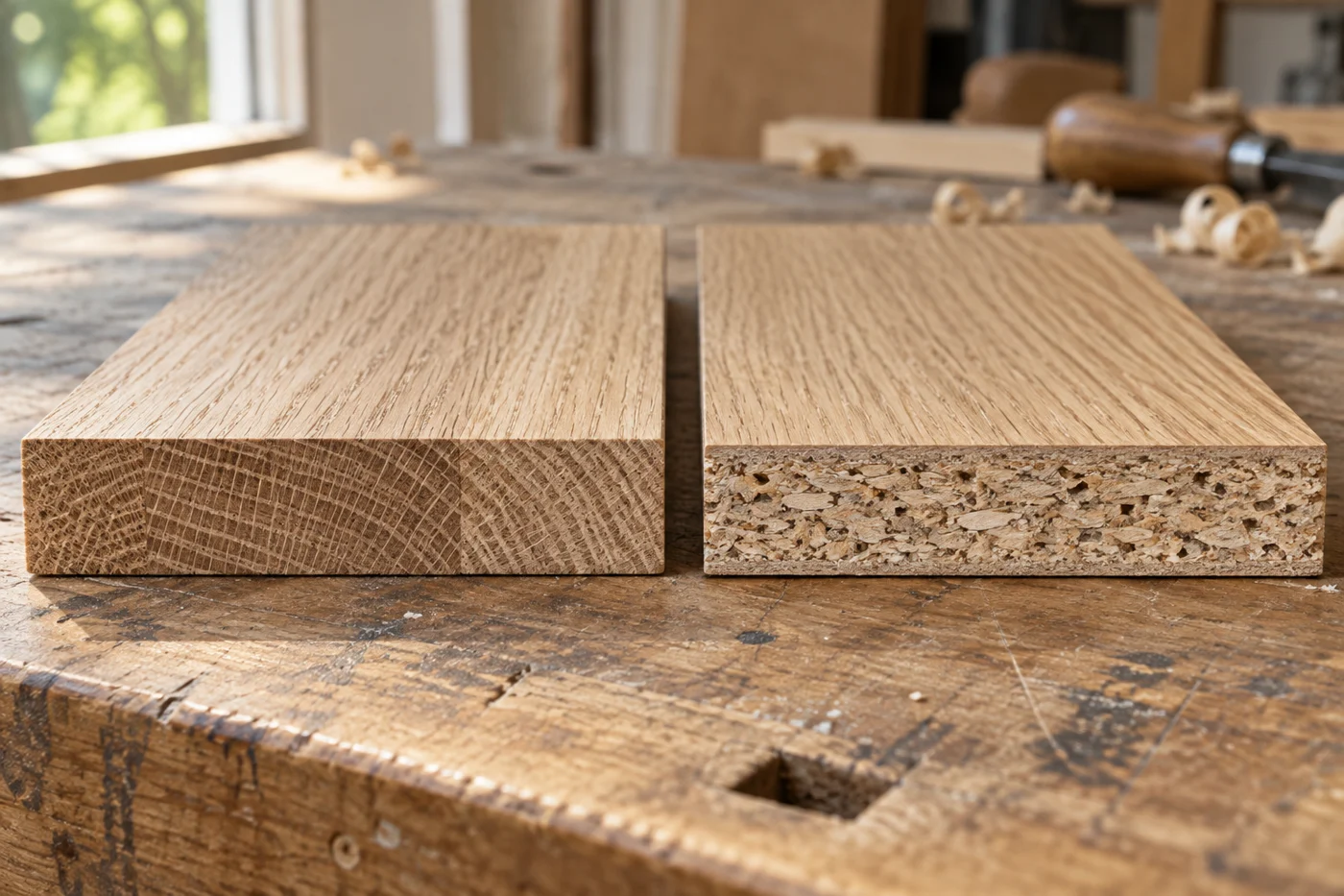 Massivholz und furnierte Spanplatte mit sichtbaren Schnittkanten