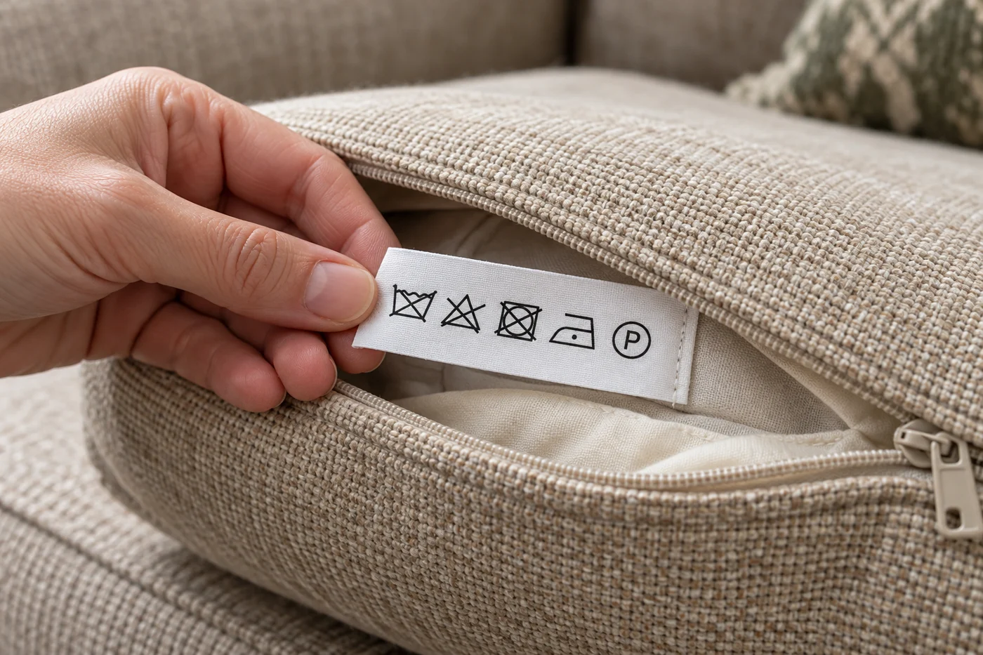 Pflegeetikett in der Naht eines Sofakissenbezugs