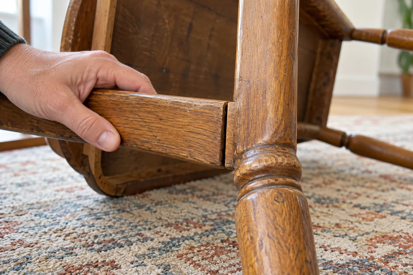 Kleine Fuge an einer Holzstuhlverbindung wird geprüft